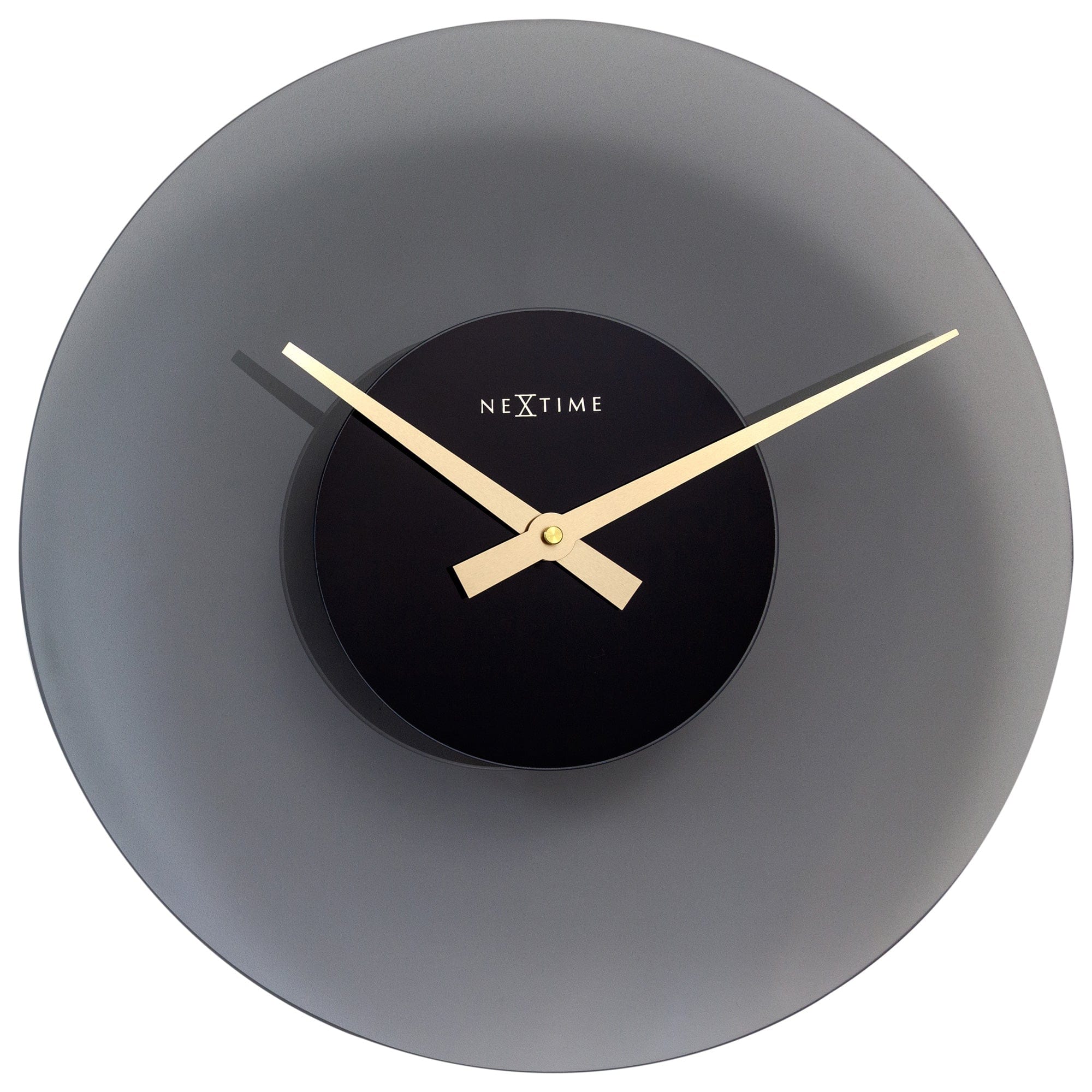 NeXtime Clocks 40cm silent glass wall clock with a modern "Float" design, featuring a sleek, minimalist look.